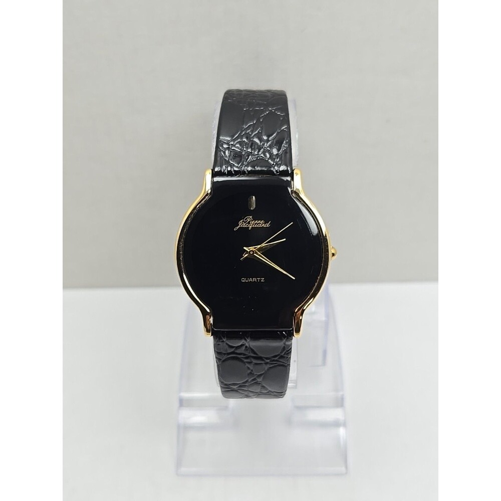 Pierre Jacquard Vintage Quartz Watch Black Dial Gold Tone New Battery Japan Mens